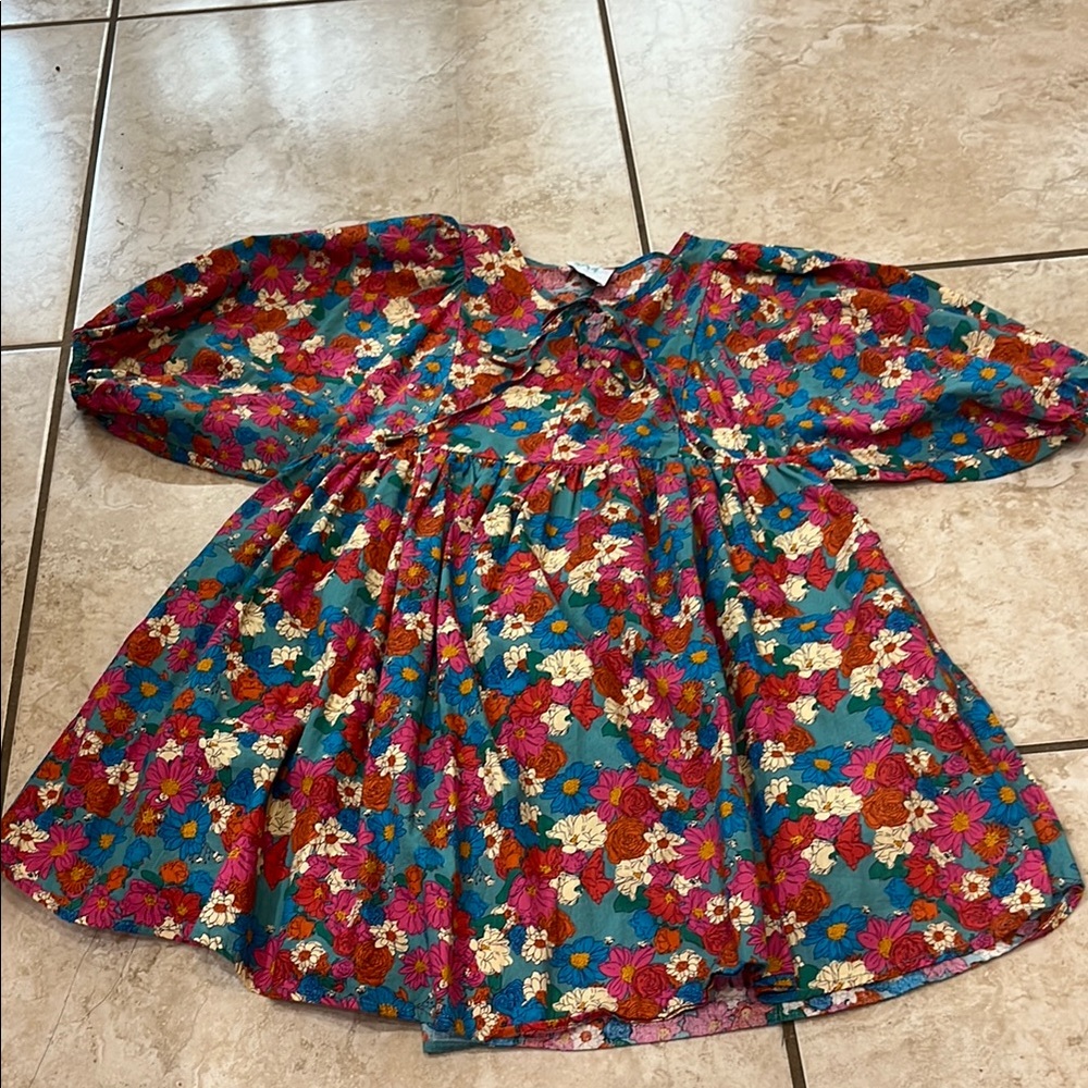 Mint Girls Boutique Turquoise, Fuchsia, & Orange Floral Tween Dress. Size XL 14